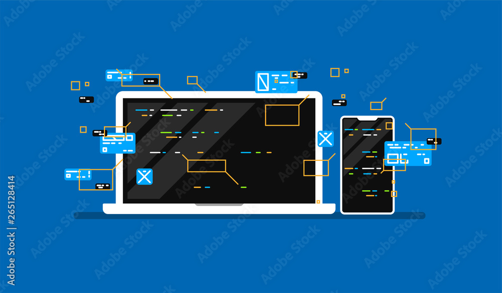 Poster web development illustration. programming crossplatforn. creative template for web and print.