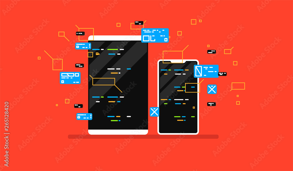 Poster web development illustration. programming crossplatforn. creative template for web and print.