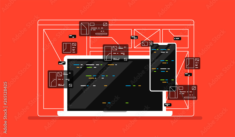 Poster web development illustration. programming crossplatforn. creative template for web and print.