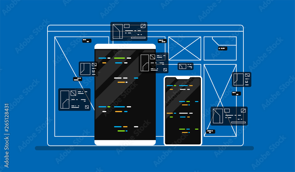 Poster web development illustration. programming crossplatforn. creative template for web and print.