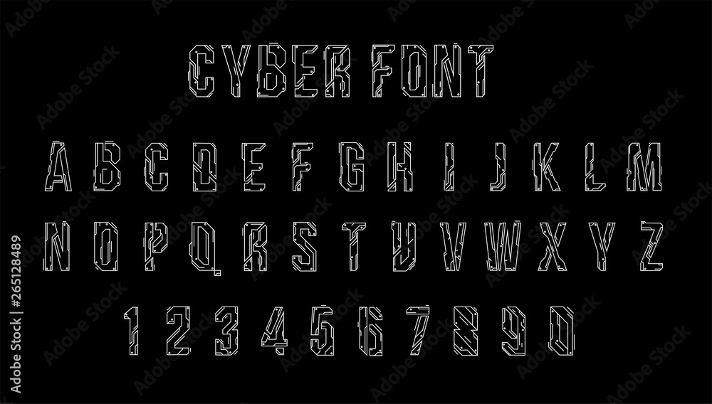 Fototapete Futuristic vector Font design. Letters and Numbers for web and app. Techno type font alphabet. Digital hi-tech style symbols.