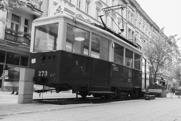 Old city train wagon on the street od Poznań city turned into a retro cafe