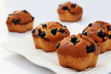Muffins with black currant on a white background, horizontal photo