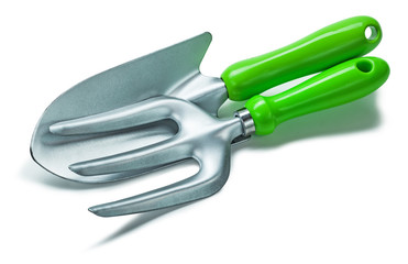 garden fork and hand spade isolated on white