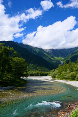 Fototapeta na wymiar 中部山岳国立公園。上高地を流れる梓川。松本　長野　日本。８月下旬。