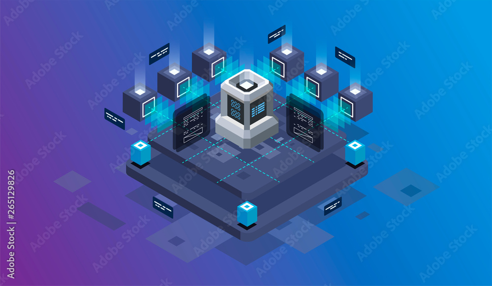 Fototapete Isometric design concept virtual reality and augmented reality. software development and programming. Computation of big data center, information processing, database. isometric vector technology