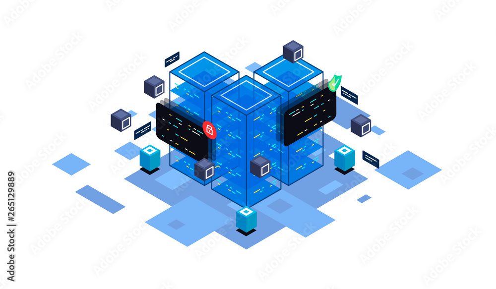 Poster isometric design concept virtual reality and augmented reality. software development and programming
