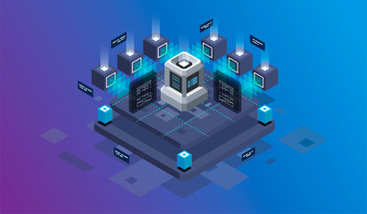 Isometric design concept virtual reality and augmented reality. software development and programming. Computation of big data center, information processing, database. isometric vector technology