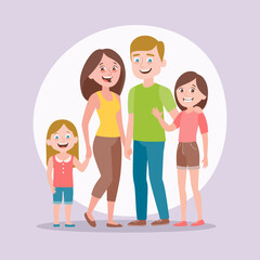 Cute family portrait. Mother, father and two daughters. Full lenght portrait of family members standing together. Vector illustration in cartoon style.