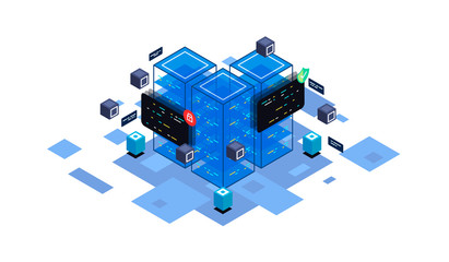 Isometric design concept virtual reality and augmented reality. software development and programming. Computation of big data center, information processing, database. isometric vector technology