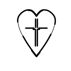 Christian cross icon in the heart inside. Black christian cross sign isolated on light background. Vector illustration. 