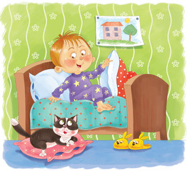 My day. Schedule. Cute little boy's day. Coloring book. Coloring page. Cute and funny cartoon characters. Illustration for children