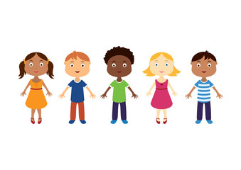 Happy kids of different races vector. Group of kids cartoon character. Children in a row clipart. Cute kids isolated on a white background