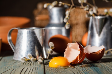Prepare dough for making homemade dumplings or noodles on a brown wooden table in a rustic kitchen