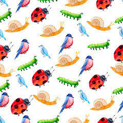 Pattern with isolated watercolor garden tools, plants and flowers. Flower pot, flowerpots, ladybug, snail, bird, caterpillar.