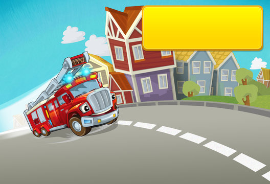 cartoon fire brigade driving through the city with title frame space for text - illustration for children
