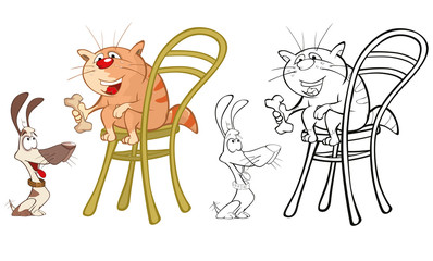 Vector Illustration of a Cute Cartoon Character Cat and Dog for you Design and Computer Game. Coloring Book Outline Set 