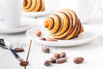 Breakfast with fresh baked croissants