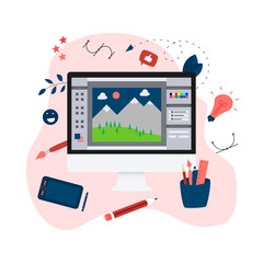 Flat vector graphic drawing concept with open illustration application with a creative project	