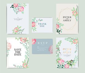 Wedding Invitation, floral invite thank you, rsvp modern card Design in pink peony with red berry and leaf greenery  branches decorative Vector elegant rustic template