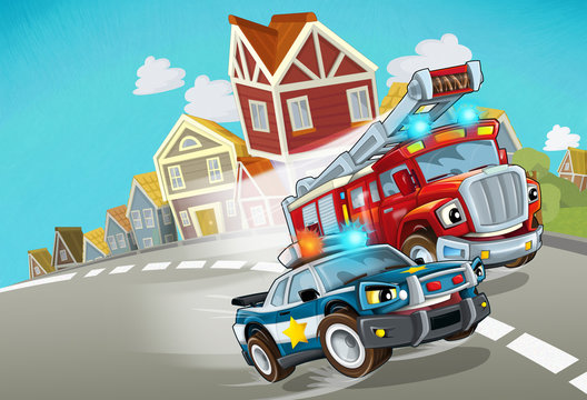 cartoon police and fire brigade driving through the city - illustration for children © honeyflavour