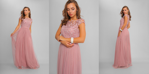 Collage of several photos of young woman wearing long pink evening dress isolated on grey background