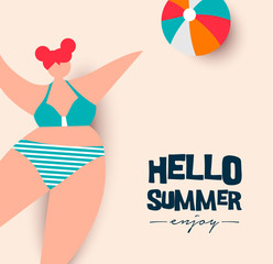 Hello Summer card of girl playing beach sport
