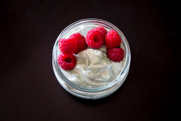 Matcha green tea yogurt and raspberries