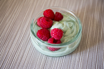 Matcha green tea yogurt and raspberries