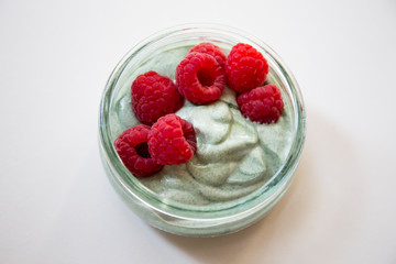 Matcha green tea yogurt and raspberries