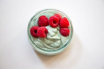 Matcha green tea yogurt and raspberries
