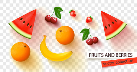 Set of realistic fruits and berries with shadow. Orange,banana,strawberry,cherry and watermelon isolated on transparent background. Vector illustration - obrazy, fototapety, plakaty