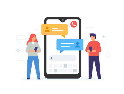 Chat messages notification on smartphone vector illustration, flat cartoon sms bubbles on mobile phone screen, man person chatting on cellphone with woman isolated