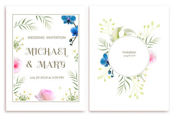Flowers. Floral background. Wedding invitation. Orchids. Callas. Roses. White. Green leaves. Pattern.