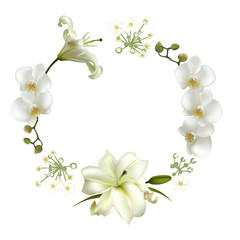 Flowers. Floral background. Orchids. Lilies. White. Green leaves. Pattern. Wreath.