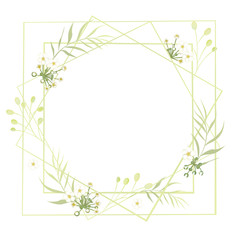 Flowers. Floral background. Green leaves. Pattern. Buds. Square frame. White. 