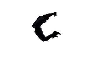 Fototapeta na wymiar Silhouette of a man jumping while dancing isolated on white
