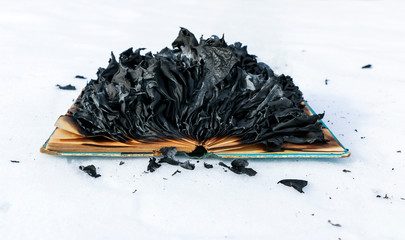 burning book in  snow. pages with the text in  open book burn with  bright flame.