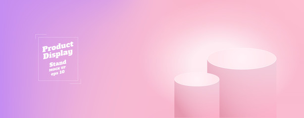 Vector,Empty subtle gradient purple to pink color studio round kiosk stand background ,product display with copy space for display of content design.Banner for advertise product on website.