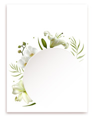 Flowers. Floral background. Orchids. Lilies. White. Green leaves. Pattern.