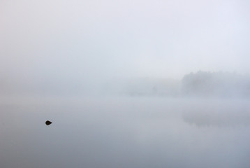 Strong fog above lake in the morning..
