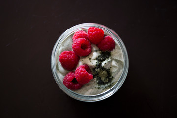 Matcha green tea yogurt and raspberries