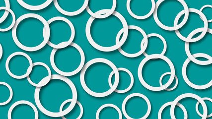 Abstract illustration of randomly arranged white rings with soft shadows on light blue background