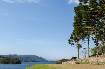 Obraz premium Green pines on blue lake in Paraná, Brazil