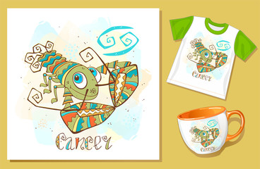 Children's Zodiac. Cancer sign . Application examples on t-shirt and mug. Vector