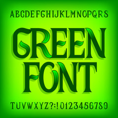 Green alphabet font. Ornate hand written letters and numbers with green leaves. Hand drawn vector typescript for your typography design or logo design.
