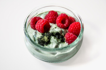 Matcha green tea yogurt and raspberries
