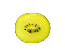 Close up cut slice of green kiwi fruit over white