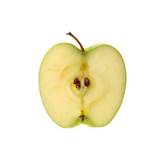 Close up cut slice of green apple over white