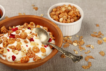 Portion of muesli granola breakfast with yogurt